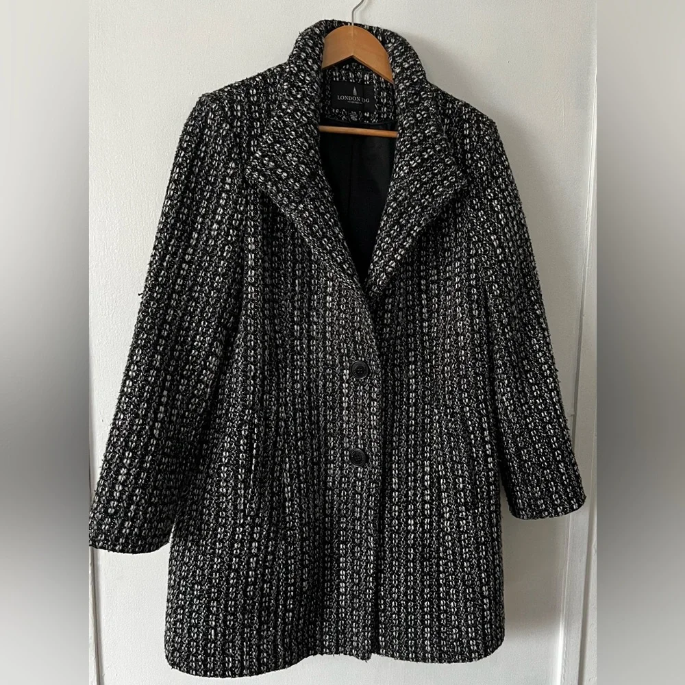 London Fog Women's Textured Black and White Pea Coat - Picture 1 of 13